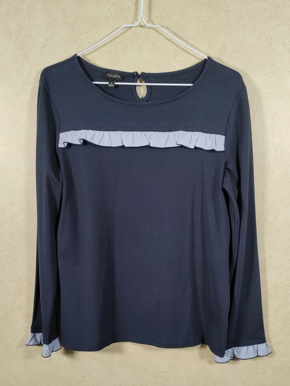H137 Talbots Navy Long-Sleeve Ruffle Accent Top - Picture 1 of 11